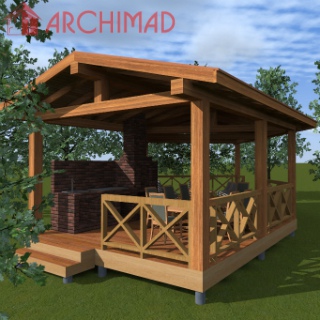 Wooden gazebo with barbecue